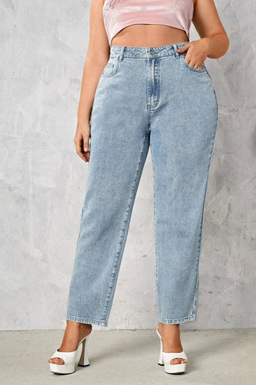Woochic Pantalon grande taille large denim stretch taille haute, long bleu clair XL